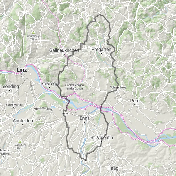 Miniatua del mapa de inspiración ciclista "Aventura a través de Luftenberg y Schwertberg" en Niederösterreich, Austria. Generado por Tarmacs.app planificador de rutas ciclistas