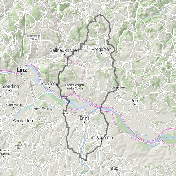 Kartminiatyr av "Episk sykkeltur til Hargelsberg, Luftenberg, Pulgarn, Unterweitersdorf, Kempfendorfer Berg, Greisingberg, Schwertberg, Vogelleite, Hofkirchen" sykkelinspirasjon i Niederösterreich, Austria. Generert av Tarmacs.app sykkelrutoplanlegger