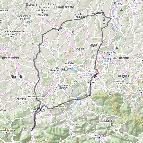 Miniature de la carte de l'inspiration cycliste "Tour des Châteaux du Traunkreis" dans la Niederösterreich, Austria. Générée par le planificateur d'itinéraire cycliste Tarmacs.app