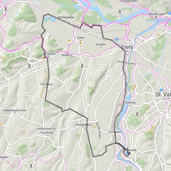Miniatura della mappa di ispirazione al ciclismo "Il Giro delle Antiche Rovine" nella regione di Niederösterreich, Austria. Generata da Tarmacs.app, pianificatore di rotte ciclistiche