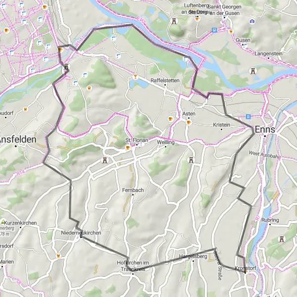 Karttaminiaatyyri "Hargelsberg - Kronstorf Schmiedinger Straße Circuit" pyöräilyinspiraatiosta alueella Niederösterreich, Austria. Luotu Tarmacs.app pyöräilyreittisuunnittelijalla