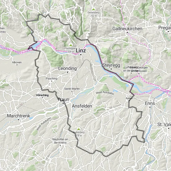 Map miniature of "Leitnerberg and Schloss Ottensheim Circuit" cycling inspiration in Niederösterreich, Austria. Generated by Tarmacs.app cycling route planner