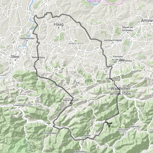 Miniature de la carte de l'inspiration cycliste "Aventure à Travers les Montagnes du Ybbstal" dans la Niederösterreich, Austria. Générée par le planificateur d'itinéraire cycliste Tarmacs.app