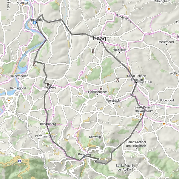 Miniatua del mapa de inspiración ciclista "Ruta escénica a través de Kürnberg y Daxberg" en Niederösterreich, Austria. Generado por Tarmacs.app planificador de rutas ciclistas