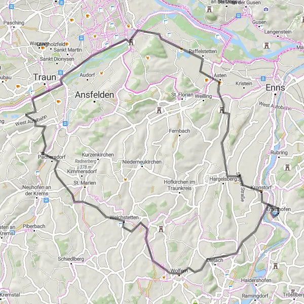 Kartminiatyr av "Ernsthofen - Dietach - Weichstetten - Traun - Solar-City - Kronstorf" cykelinspiration i Niederösterreich, Austria. Genererad av Tarmacs.app cykelruttplanerare