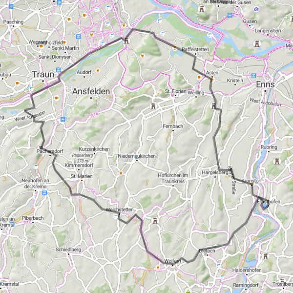 Miniaturekort af cykelinspirationen "Ernsthofen til Solar-City via Dietach og Traun" i Niederösterreich, Austria. Genereret af Tarmacs.app cykelruteplanlægger