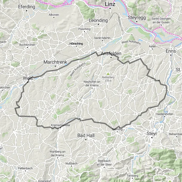 Miniaturní mapa "Jízda St. Florian Wels" inspirace pro cyklisty v oblasti Niederösterreich, Austria. Vytvořeno pomocí plánovače tras Tarmacs.app