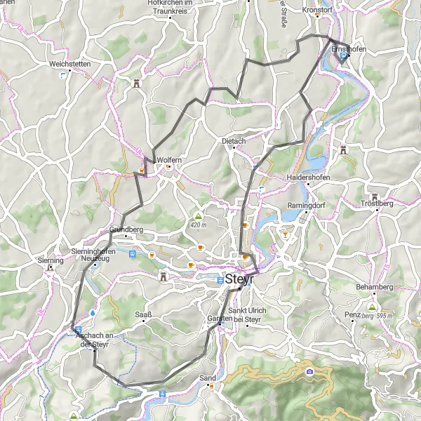 Kartminiatyr av "Steyrdorf till Kronstorf cykeltur" cykelinspiration i Niederösterreich, Austria. Genererad av Tarmacs.app cykelruttplanerare