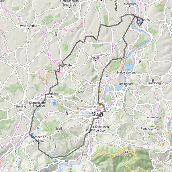 Miniaturekort af cykelinspirationen "Ernsthofen til Kronstorf via Steyrdorf og Wolfern" i Niederösterreich, Austria. Genereret af Tarmacs.app cykelruteplanlægger