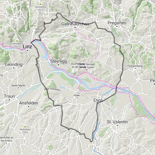 Mapa miniatúra "Přírodní scenérie a historické památky v okolí Linze" cyklistická inšpirácia v Niederösterreich, Austria. Vygenerované cyklistickým plánovačom trás Tarmacs.app