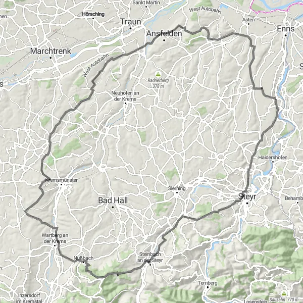Miniatura della mappa di ispirazione al ciclismo "Giro in bicicletta attraverso Tabor e Steyr" nella regione di Niederösterreich, Austria. Generata da Tarmacs.app, pianificatore di rotte ciclistiche