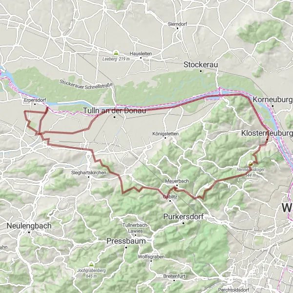 Miniature de la carte de l'inspiration cycliste "Aventure épique à travers les collines autrichiennes" dans la Niederösterreich, Austria. Générée par le planificateur d'itinéraire cycliste Tarmacs.app