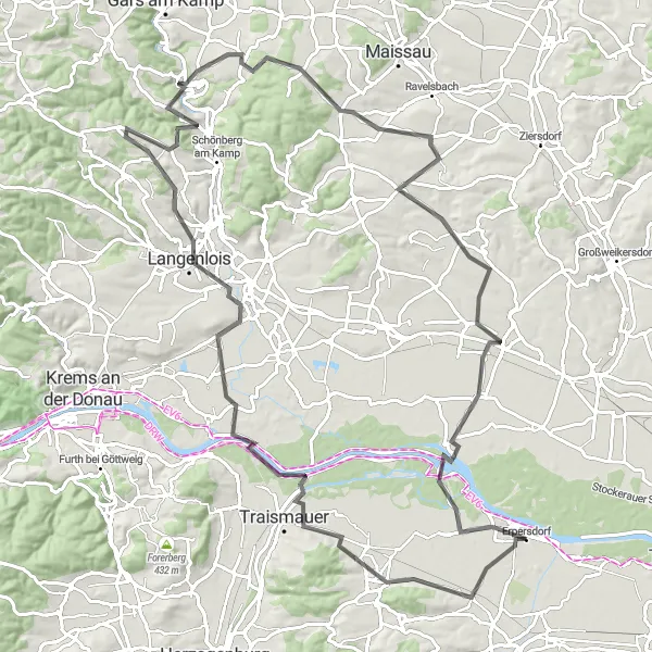 Kartminiatyr av "Utforsk Road Cycling Adventure fra Erpersdorf" sykkelinspirasjon i Niederösterreich, Austria. Generert av Tarmacs.app sykkelrutoplanlegger
