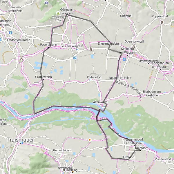 Kartminiatyr av "Historisk Landevei Rute fra Erpersdorf" sykkelinspirasjon i Niederösterreich, Austria. Generert av Tarmacs.app sykkelrutoplanlegger