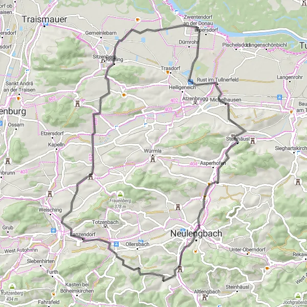 Miniature de la carte de l'inspiration cycliste "Les châteaux de la région" dans la Niederösterreich, Austria. Générée par le planificateur d'itinéraire cycliste Tarmacs.app