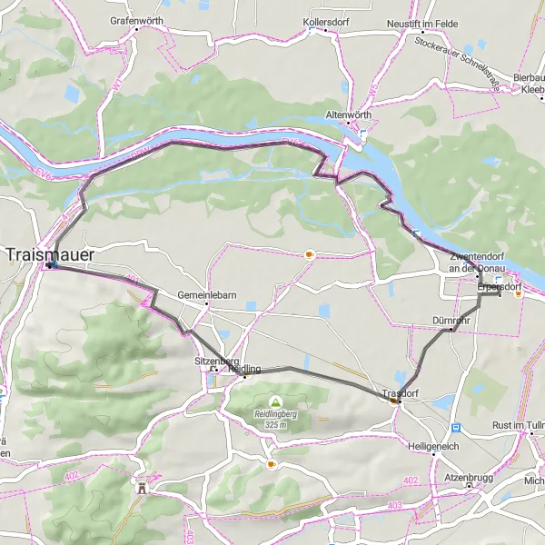 Miniatura della mappa di ispirazione al ciclismo "Giro in bicicletta da Erpersdorf a Reidling e Zwentendorf" nella regione di Niederösterreich, Austria. Generata da Tarmacs.app, pianificatore di rotte ciclistiche