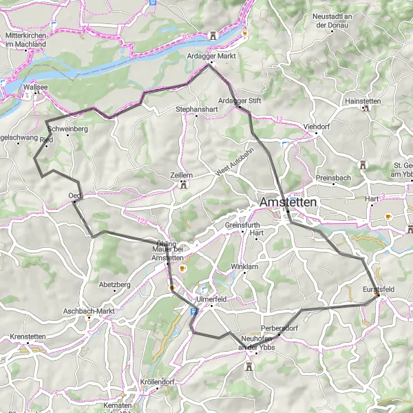 Miniature de la carte de l'inspiration cycliste "Les Villages de Niederösterreich" dans la Niederösterreich, Austria. Générée par le planificateur d'itinéraire cycliste Tarmacs.app