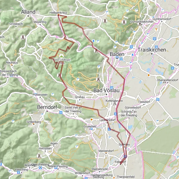 Zemljevid v pomanjšavi "Felixdorf - Vogelsang - Schloss Merkenstein - Hoher Lindkogel - Heiligenkreuz - Bergfried - Kottingbrunn - Felixdorf" kolesarske inspiracije v Niederösterreich, Austria. Generirano z načrtovalcem kolesarskih poti Tarmacs.app