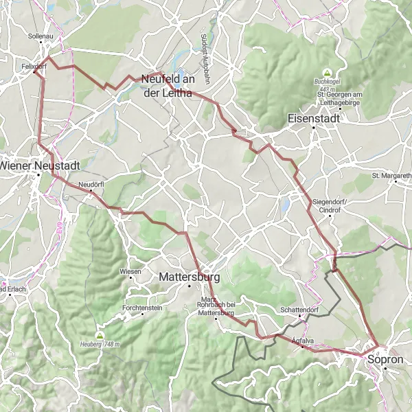 Miniaturní mapa "Gravelová trasa mezi Neufeldem a Bad Sauerbrunn" inspirace pro cyklisty v oblasti Niederösterreich, Austria. Vytvořeno pomocí plánovače tras Tarmacs.app