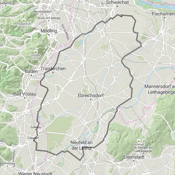 Miniatura della mappa di ispirazione al ciclismo "Giro in bicicletta da Felixdorf" nella regione di Niederösterreich, Austria. Generata da Tarmacs.app, pianificatore di rotte ciclistiche