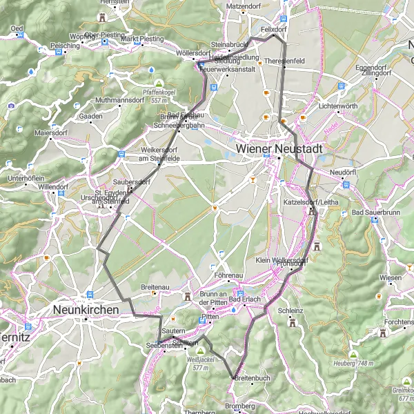 Map miniature of "Road Route near Felixdorf" cycling inspiration in Niederösterreich, Austria. Generated by Tarmacs.app cycling route planner