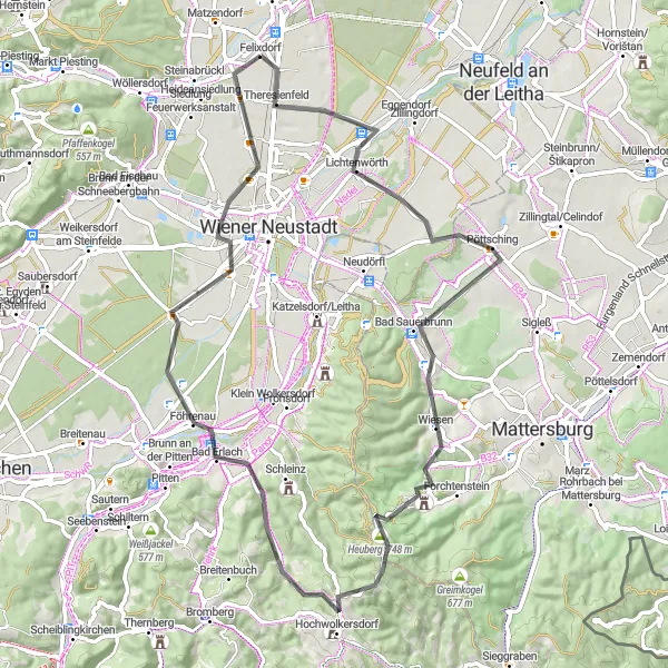 Miniaturekort af cykelinspirationen "Vejcykelrute fra Felixdorf til Burg Forchtenstein" i Niederösterreich, Austria. Genereret af Tarmacs.app cykelruteplanlægger