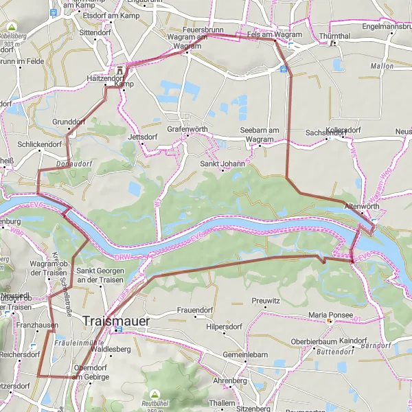 Miniatura della mappa di ispirazione al ciclismo "Avventura in bicicletta gravel intorno a Fels am Wagram" nella regione di Niederösterreich, Austria. Generata da Tarmacs.app, pianificatore di rotte ciclistiche