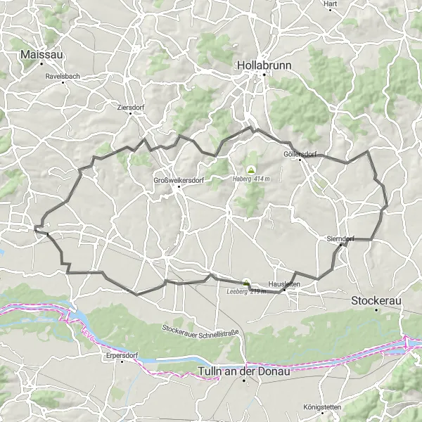 Miniatua del mapa de inspiración ciclista "Ruta de ciclismo desde Fels am Wagram" en Niederösterreich, Austria. Generado por Tarmacs.app planificador de rutas ciclistas