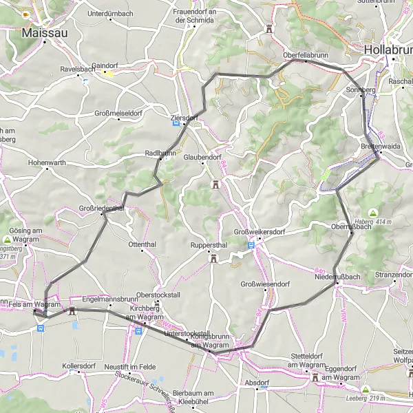 Miniatua del mapa de inspiración ciclista "Ruta de ciclismo en carretera Großriedenthal - Königsbrunn am Wagram" en Niederösterreich, Austria. Generado por Tarmacs.app planificador de rutas ciclistas