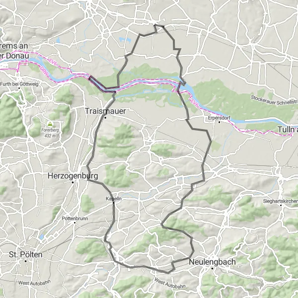 Karttaminiaatyyri "Wagram Road Trip" pyöräilyinspiraatiosta alueella Niederösterreich, Austria. Luotu Tarmacs.app pyöräilyreittisuunnittelijalla