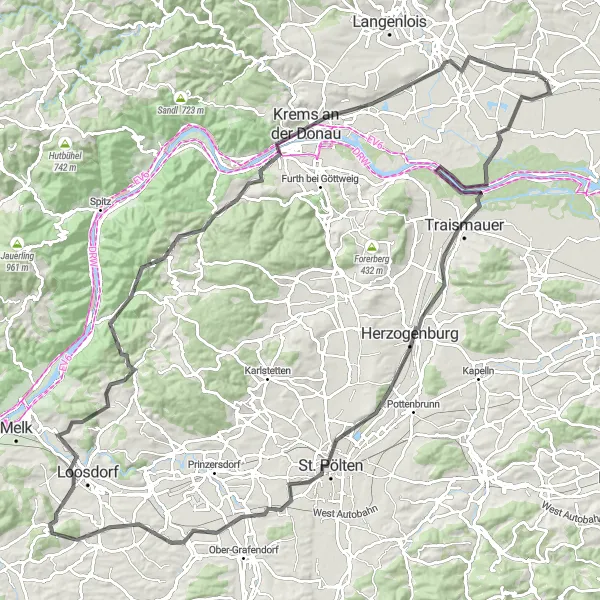 Miniatura della mappa di ispirazione al ciclismo "Esplorazione delle campagne circostanti Fels am Wagram" nella regione di Niederösterreich, Austria. Generata da Tarmacs.app, pianificatore di rotte ciclistiche