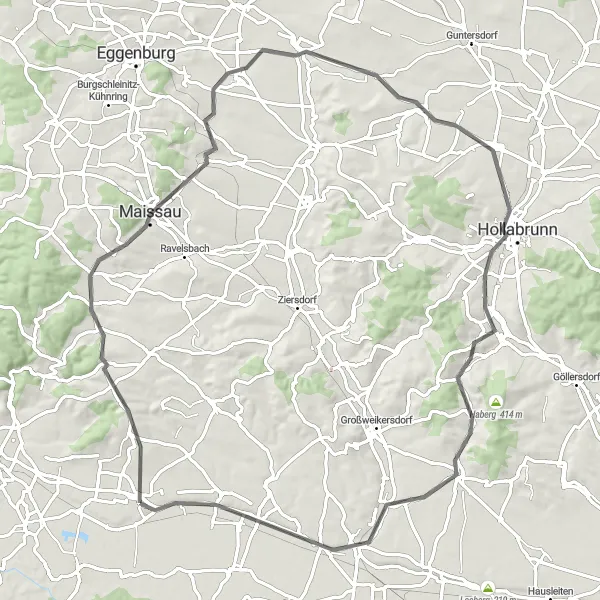 Miniatura della mappa di ispirazione al ciclismo "Tour delle colline di Wagram in bicicletta da strada" nella regione di Niederösterreich, Austria. Generata da Tarmacs.app, pianificatore di rotte ciclistiche