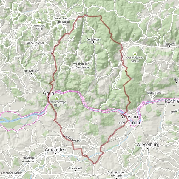 Zemljevid v pomanjšavi "Pohod po strminah in grapah" kolesarske inspiracije v Niederösterreich, Austria. Generirano z načrtovalcem kolesarskih poti Tarmacs.app