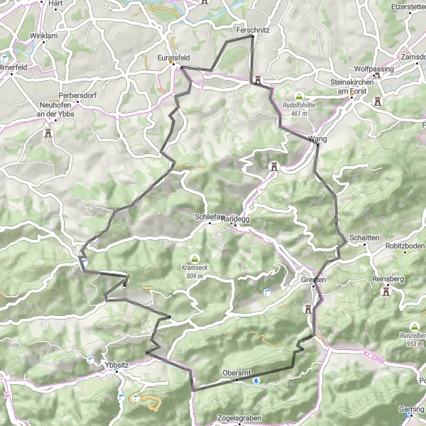 Miniatua del mapa de inspiración ciclista "Circuito de 62 km en carretera desde Ferschnitz" en Niederösterreich, Austria. Generado por Tarmacs.app planificador de rutas ciclistas