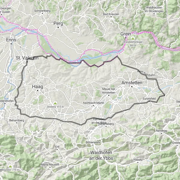 Miniatua del mapa de inspiración ciclista "Ruta escénica de 102 km en carretera" en Niederösterreich, Austria. Generado por Tarmacs.app planificador de rutas ciclistas