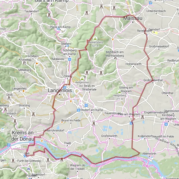 Zemljevid v pomanjšavi "Kolesarska tura po Manhartsberg" kolesarske inspiracije v Niederösterreich, Austria. Generirano z načrtovalcem kolesarskih poti Tarmacs.app