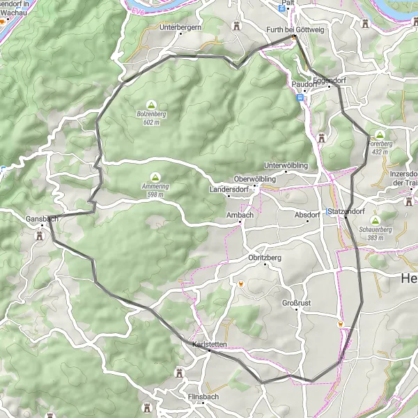 Mapa miniatúra "Cyklotrasa cez Grünberg a Karlstetten" cyklistická inšpirácia v Niederösterreich, Austria. Vygenerované cyklistickým plánovačom trás Tarmacs.app
