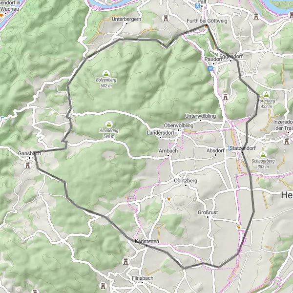 Map miniature of "Göttweig and Back" cycling inspiration in Niederösterreich, Austria. Generated by Tarmacs.app cycling route planner