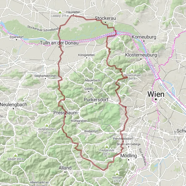 Karttaminiaatyyri "Vaihteleva Niederrösterreich 124 km -reitti" pyöräilyinspiraatiosta alueella Niederösterreich, Austria. Luotu Tarmacs.app pyöräilyreittisuunnittelijalla