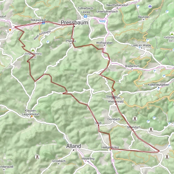 Miniaturní mapa "Gravel Heiligenkreuz Adventure" inspirace pro cyklisty v oblasti Niederösterreich, Austria. Vytvořeno pomocí plánovače tras Tarmacs.app