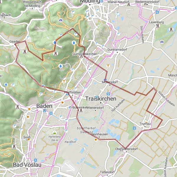 Karttaminiaatyyri "Anningerin Kukoistava Maastoajo 42 km -reitti" pyöräilyinspiraatiosta alueella Niederösterreich, Austria. Luotu Tarmacs.app pyöräilyreittisuunnittelijalla