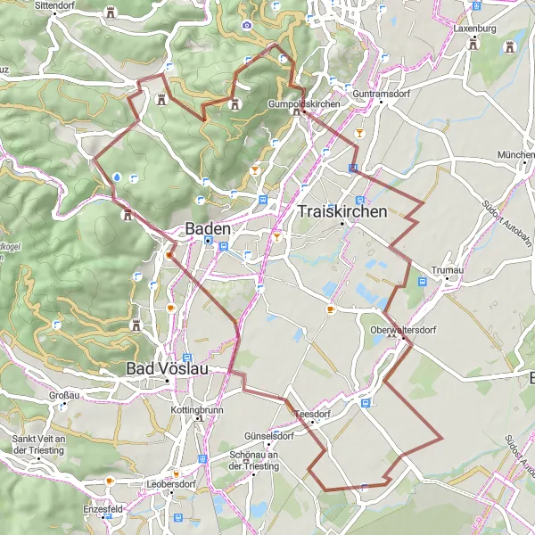 Mapa miniatúra "Gravelový okruh cez Hühnerberg a Teesdorf" cyklistická inšpirácia v Niederösterreich, Austria. Vygenerované cyklistickým plánovačom trás Tarmacs.app