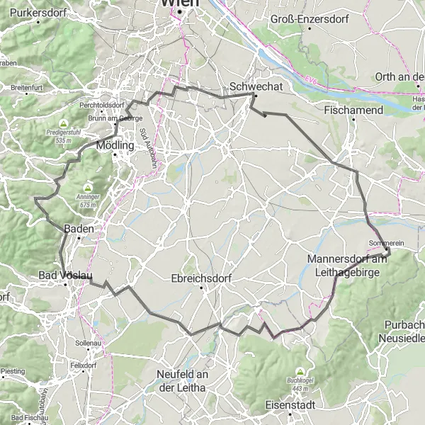 Miniature de la carte de l'inspiration cycliste "Boucle à vélo de route de Gaaden à Bad Vöslau" dans la Niederösterreich, Austria. Générée par le planificateur d'itinéraire cycliste Tarmacs.app