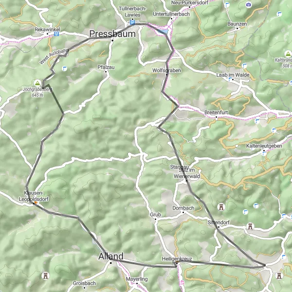 Mapa miniatúra "Cesta okolo Gaaden cez Pressbaum" cyklistická inšpirácia v Niederösterreich, Austria. Vygenerované cyklistickým plánovačom trás Tarmacs.app