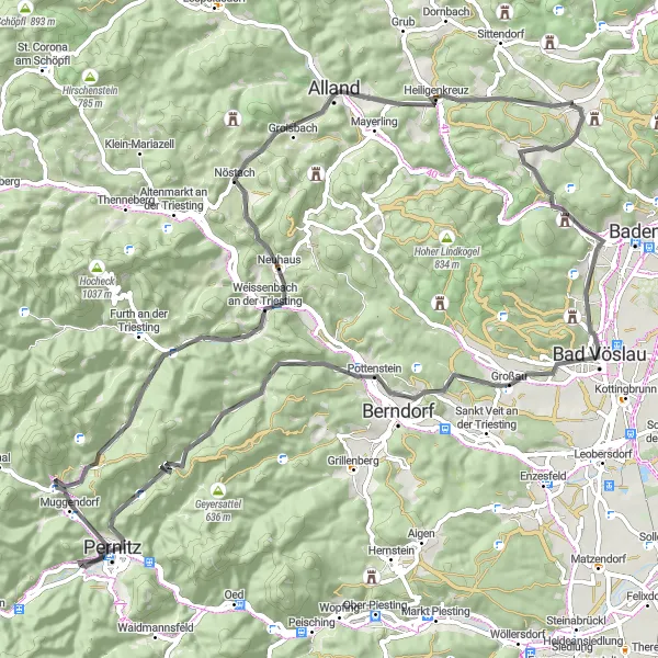 Miniatua del mapa de inspiración ciclista "Ruta de ciclismo por carretera de Gaaden a Alland" en Niederösterreich, Austria. Generado por Tarmacs.app planificador de rutas ciclistas