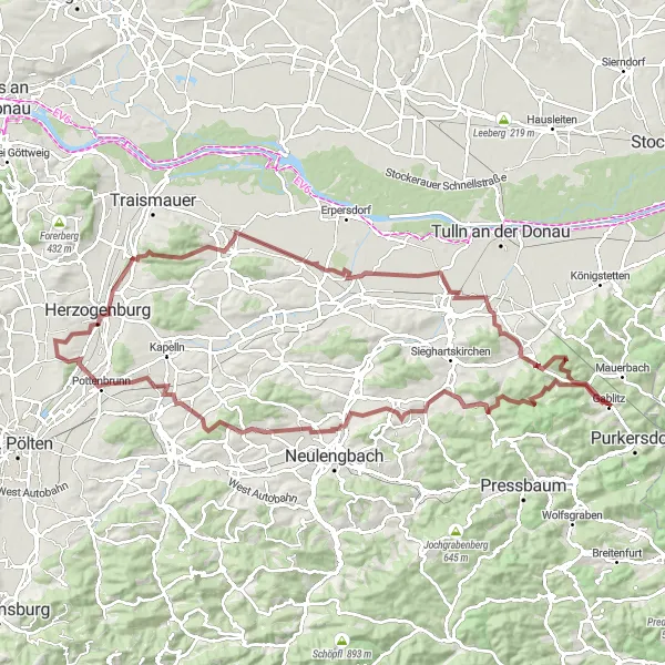 Miniatua del mapa de inspiración ciclista "Recorrido a Eichberg y Rauchbuchberg" en Niederösterreich, Austria. Generado por Tarmacs.app planificador de rutas ciclistas