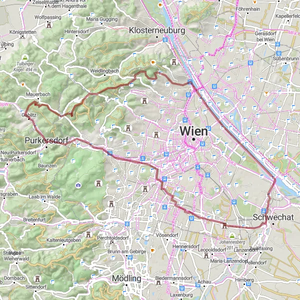 Kartminiatyr av "Utforska Mauerbach till Süßfeld på grusvägar" cykelinspiration i Niederösterreich, Austria. Genererad av Tarmacs.app cykelruttplanerare