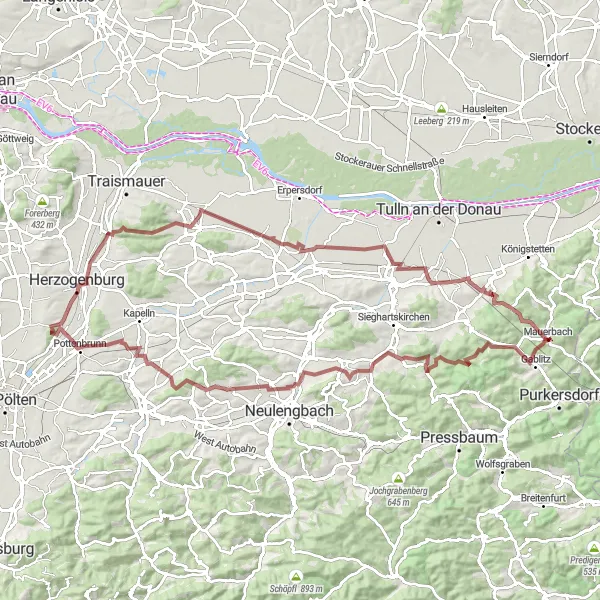 Kartminiatyr av "Utforsk vakre naturområder og historiske steder" sykkelinspirasjon i Niederösterreich, Austria. Generert av Tarmacs.app sykkelrutoplanlegger