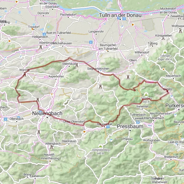 Miniatura della mappa di ispirazione al ciclismo "Tour delle colline di Gablitz" nella regione di Niederösterreich, Austria. Generata da Tarmacs.app, pianificatore di rotte ciclistiche