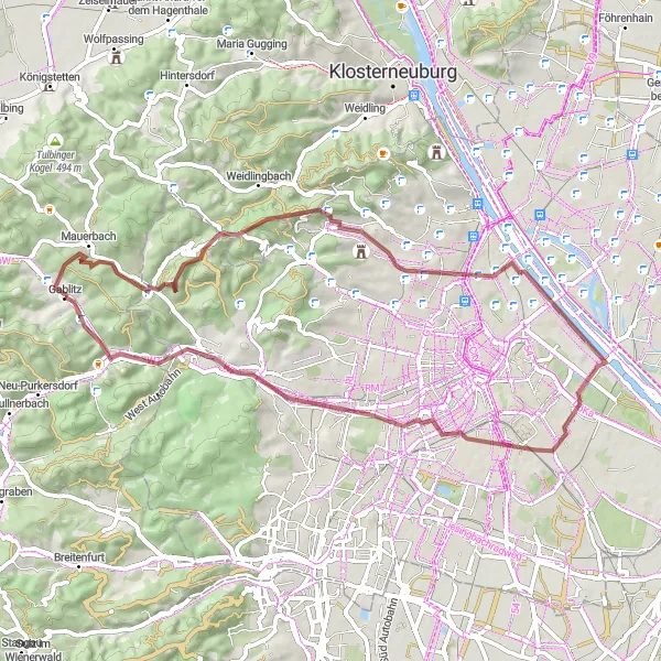 Miniaturní mapa "Gaudenzdorfská a Purkersdorfská Gravel trasa" inspirace pro cyklisty v oblasti Niederösterreich, Austria. Vytvořeno pomocí plánovače tras Tarmacs.app